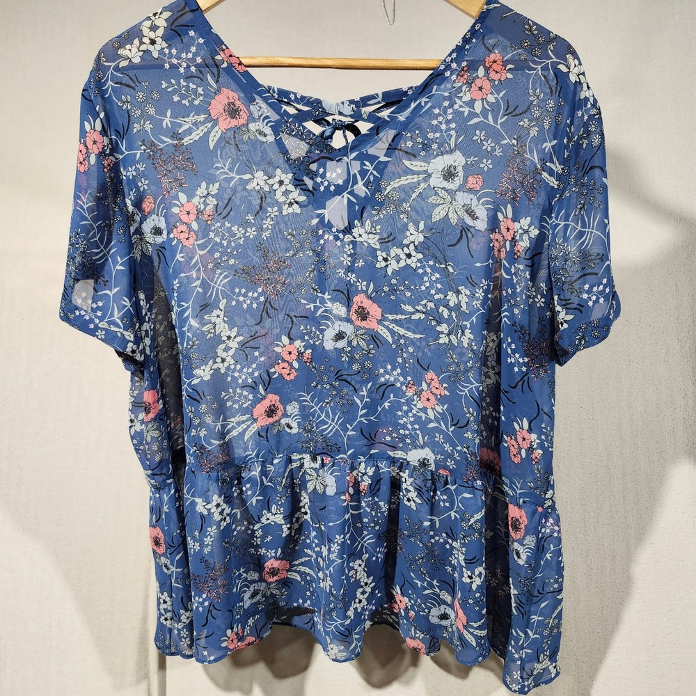 Cato Womens Plus 18/20W Blue Floral Chiffon Peplum Blouse Lace Up Back Top Sheer